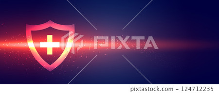 digital medical care and service banner with shiny shield icon 124712235