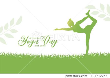 international yoga day background with women doing exercise on grass 124712243