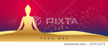 stylish world yoga day golden poster with mediation posture 124712271