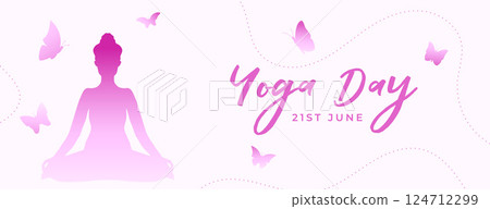modern 21st june yoga day event banner with cute butterfly design 124712299