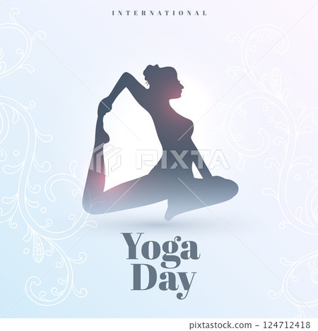 happy world yoga day background with women doing asana 124712418