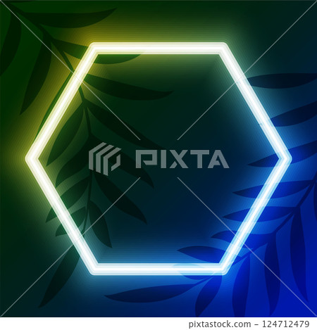 luminous hexagon neon laser frame background with leaves design 124712479