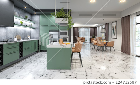 Modern kitchen with green cabinets, 124712597