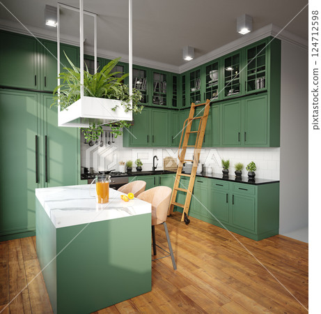 Green kitchen with white countertops 124712598