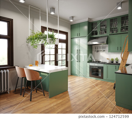 Green kitchen with white countertops Green kitchen with white countertops 124712599