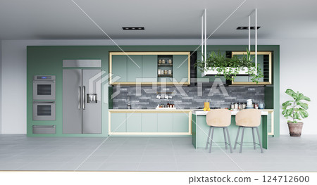 Open kitchen with green cabinets 124712600