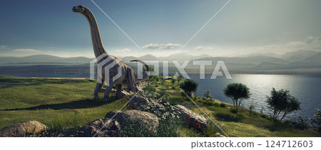 Dinosaur standing on a rocky hillside near a lake. Dinosaur standing on a rocky hillside near a lake. 124712603