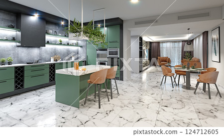 Modern kitchen with green cabinets, 124712605