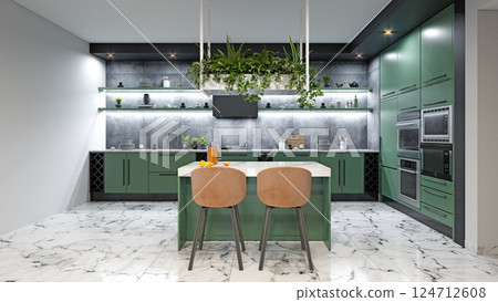 Modern kitchen with green cabinets, 124712608