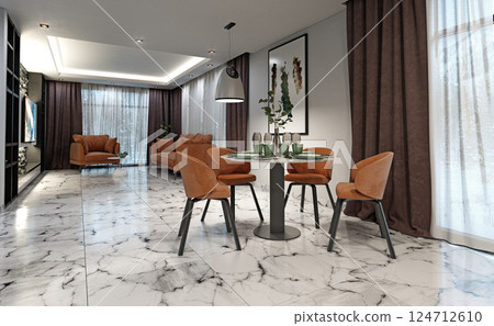 Open-plan dining and living space with orange chairs, round table, Open-plan dining and living space with orange chairs, round table, 124712610