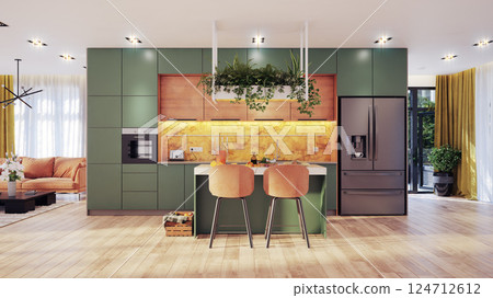 kitchen with green cabinets. 124712612