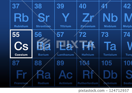 Caesium element on the periodic table. Also spelled Cesium, an alkali metal with atomic number 55 and symbol Cs, named after Latin caesius, meaning sky-blue. Used in drilling fluids and electronics. Caesium element on the periodic table. Also spelled Cesium, an alkali metal with atomic number 55 and symbol Cs, named after Latin caesius, meaning sky-blue. Used in drilling fluids and electronics. 124712937