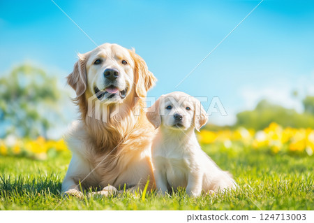 黃金獵犬父母與孩子與藍天 124713003