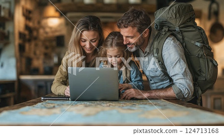 Adventure planning: family exploring travel destinations with laptop and map in cozy cabin interior Adventure planning: family exploring travel destinations with laptop and map in cozy cabin interior 124713168