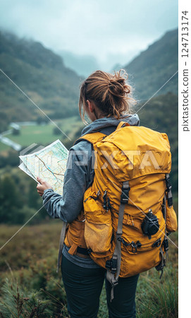 Adventurous journey: woman exploring scenic mountains with map and backpack 124713174