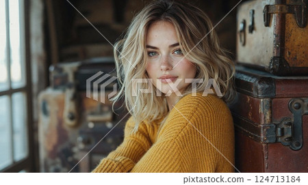 Cozy autumn portrait with vintage luggage in rustic setting - soft warm tones for seasonal lifestyle design 124713184
