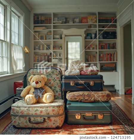 Cozy vintage travel vibe: retro suitcases and teddy bear in sunlit room for home decor and travel inspiration 124713195