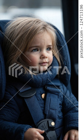 Cozy winter journey: adorable child in blue jacket safely strapped in car seat 124713196