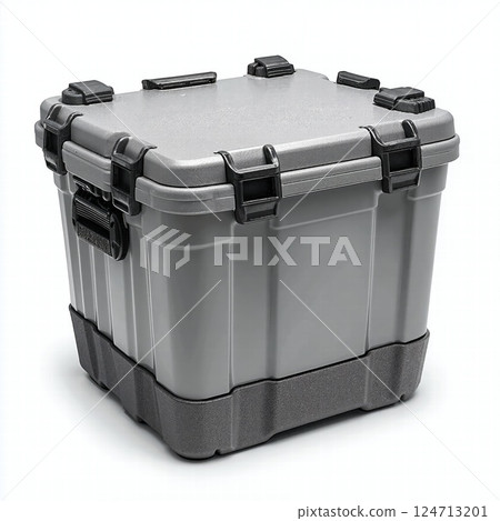 Durable silver storage box with secure latch design for outdoor gear and equipment safekeeping 124713201