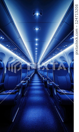Futuristic airplane interior design with blue ambient lighting for modern travel comfort concepts Futuristic airplane interior design with blue ambient lighting for modern travel comfort concepts 124713208