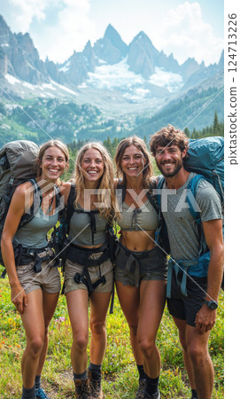 Mountain adventure: group hiking journey in breathtaking alpine landscape for outdoor enthusiasts and nature explorers 124713226