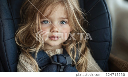 Portrait of a curious child with long blonde hair in a car seat - family adventure, safe travel 124713230
