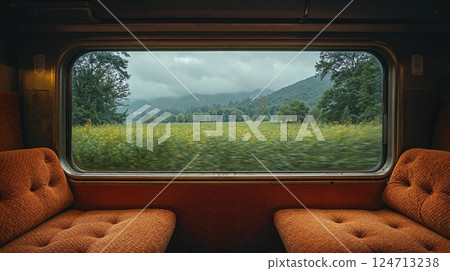 Serene train journey through lush countryside with mountain views 124713238