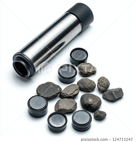 Sleek stainless steel thermos with assorted lens filters and natural stones for outdoor photography and adventure 124713247