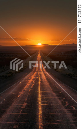A tranquil sunset with glowing horizon on an empty desert road. Generate AI A tranquil sunset with glowing horizon on an empty desert road. Generate AI 124713272