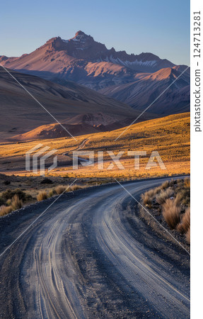 A winding road leading through a mountainous landscape bathed in golden sunlight. Generate AI 124713281