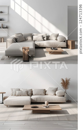 Elegant minimalist interior of a living room with neutral tones. Generate AI Elegant minimalist interior of a living room with neutral tones. Generate AI 124713396