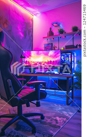 A cozy gaming corner with neon lighting and multiple screens. Generate AI 124713469