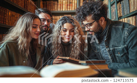 Cozy library gathering with friends exploring old books in a vintage setting Cozy library gathering with friends exploring old books in a vintage setting 124713575