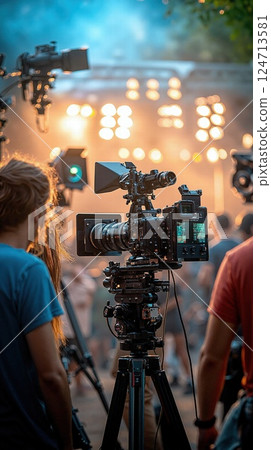 Dynamic outdoor film set scene with professional camera equipment and crew in action 124713581
