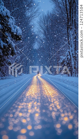 Enchanting winter night walk on illuminated snow-covered pathway surrounded by snowy trees 124713584