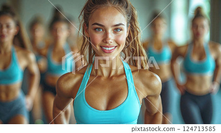 Energetic group fitness class with smiling woman in focus, health and lifestyle concept 124713585