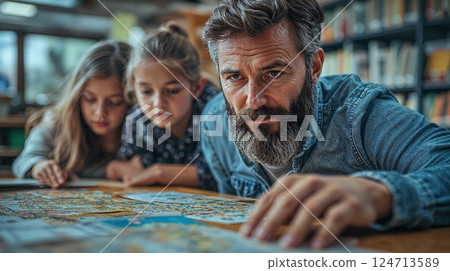 Family puzzle time in cozy library setting - bonding through play and learning Family puzzle time in cozy library setting - bonding through play and learning 124713589