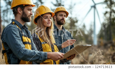 Renewable energy team planning wind farm installation in nature with construction expertise 124713613
