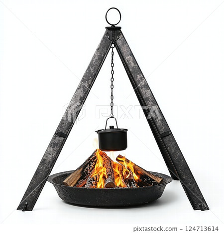 Rustic outdoor camping tripod with cooking pot over open fire for wilderness adventures 124713614