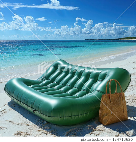 Serene beach escape with inflatable lounge and elegant straw tote Serene beach escape with inflatable lounge and elegant straw tote 124713620