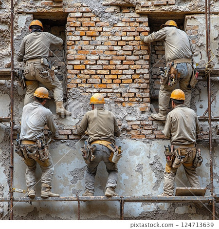 Teamwork in construction: builders restoring historical brick wall with precision and coordination Teamwork in construction: builders restoring historical brick wall with precision and coordination 124713639