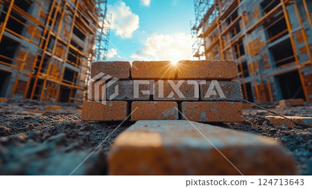Urban construction scene with sunlit bricks and towers for modern development and architecture concepts 124713643