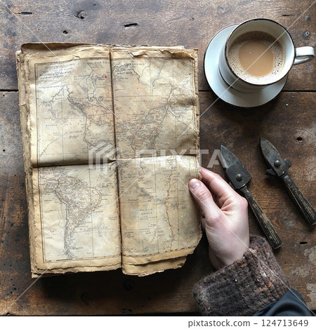 Vintage exploration theme with antique map, rustic table, and coffee for travel inspiration 124713649