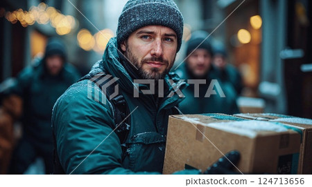 Winter urban delivery service with focused courier in snowy city street 124713656