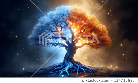 Cosmic Balance. A mystical tree with a trunk divided into warm and cool halves stands against a dark, cosmic background. The contrasting colors and glowing particles suggest a balance between opposing Cosmic Balance. A mystical tree with a trunk divided into warm and cool halves stands against a dark, cosmic background. The contrasting colors and glowing particles suggest a balance between opposing 124713683