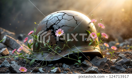 End of the war, hope for peace. A cracked military helmet lies amidst rubble, with delicate pink flowers sprouting from the ground around it. The image symbolizes the resilience of life and the emerg End of the war, hope for peace. A cracked military helmet lies amidst rubble, with delicate pink flowers sprouting from the ground around it. The image symbolizes the resilience of life and the emerg 124713917