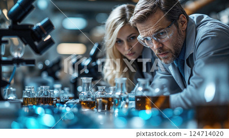 Caucasian male and female scientists analyzing samples in advanced laboratory setting 124714020