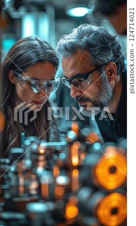 Caucasian male and female scientists focused on laboratory experiment with optics equipment 124714021