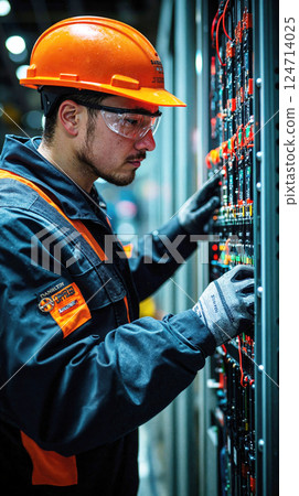 Caucasian male engineer working on electrical panel in industrial setting 124714025