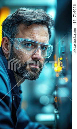 Caucasian male engineer working with precision equipment in industrial setting 124714026
